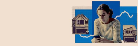 Ilustração de capa do Big Read do Financial Times: jovem a consultar o telemóvel entre duas casas suburbanas em construção e uma linha de gráfico, sobre fundos azul e creme.