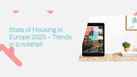 Composição editorial do relatório State of Housing in Europe 2025 — Trends in a nutshell, com o Housing Europe Observatory e mockup do relatório.