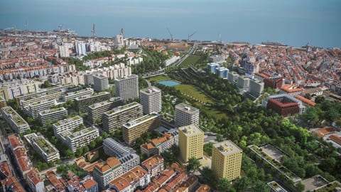 Visualização aérea do futuro Vale de Santo António: novo bairro com coberturas ajardinadas em torno do parque urbano, e o Tejo ao fundo.