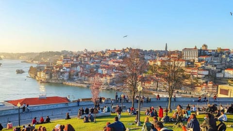 Vista do Porto ao entardecer a partir do Jardim do Morro, com o Douro e a cidade ao fundo. Imagem da capa do OECD Economic Surveys: Portugal 2026.