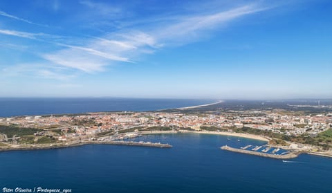 Vista aérea de Sines: a vila ao longo da costa, a baía com a marina e, nas margens, a zona industrial e portuária.